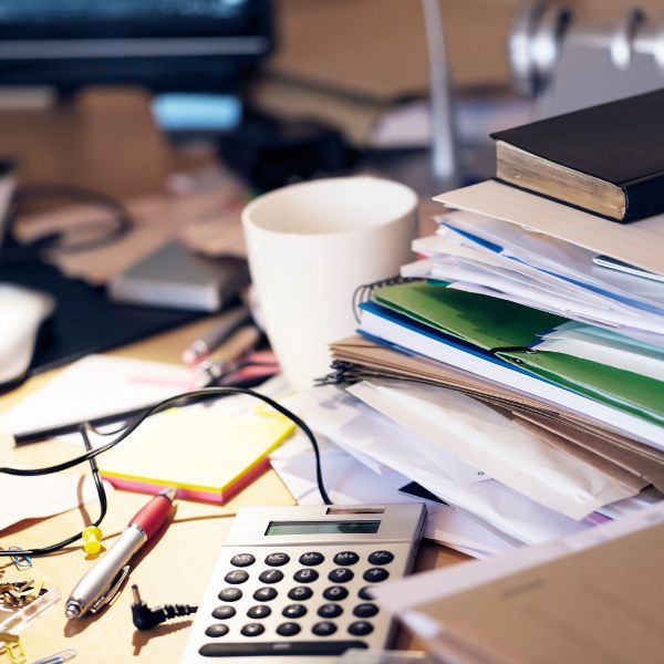 Messy table full of clutter